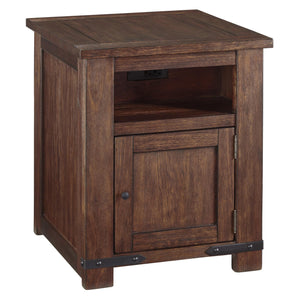 Benzara 1 Door Wooden End Table with 1 Cubby and Power Hub, Brown BM213294 Brown Veneer, Solid Wood, Engineered Wood BM213294