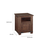 Benzara 1 Door Wooden End Table with 1 Cubby and Power Hub, Brown BM213294 Brown Veneer, Solid Wood, Engineered Wood BM213294