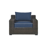 Benzara Resin Wicker Woven Lounge Chair with Track Armrests, Blue and Brown BM213304 Brown and Blue Aluminum, Resin Wicker, Fabric BM213304