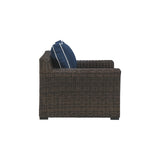 Benzara Resin Wicker Woven Lounge Chair with Track Armrests, Blue and Brown BM213304 Brown and Blue Aluminum, Resin Wicker, Fabric BM213304