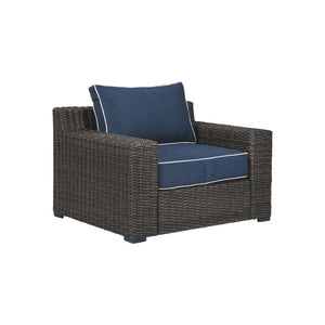 Benzara Resin Wicker Woven Lounge Chair with Track Armrests, Blue and Brown BM213304 Brown and Blue Aluminum, Resin Wicker, Fabric BM213304