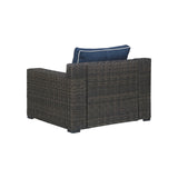 Benzara Resin Wicker Woven Lounge Chair with Track Armrests, Blue and Brown BM213304 Brown and Blue Aluminum, Resin Wicker, Fabric BM213304