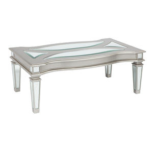 Benzara Rectangular Wooden Cocktail Table with Mirror Inserts, Silver BM213308 Silver Engineered Wood and Mirror BM213308