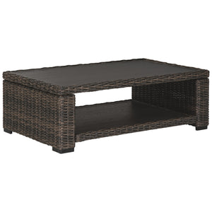 Benzara Wicker Woven Aluminum Frame Cocktail Table with Open Shelf, Brown and Black BM213312 Brown and Black Wicker and Metal BM213312