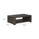 Benzara Wicker Woven Aluminum Frame Cocktail Table with Open Shelf, Brown and Black BM213312 Brown and Black Wicker and Metal BM213312