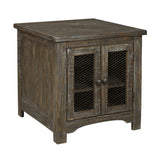 Wooden End Table with Wire Mesh Cabinet and Adjustable Shelf, Brown