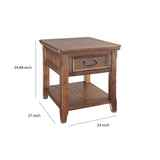 Benzara 1 Drawer Wooden End Table with Chamfered Legs and Open Bottom Shelf, Brown BM213337 Brown Veneer, Solid Wood, Engineered Wood BM213337