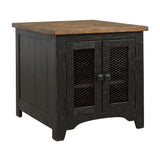 Benzara Two Tone Wooden End Table with Metal Grill Cabinet, Brown and Black BM213348 Black and Brown Veneer, Solid Wood, Engineered Wood and Metal BM213348