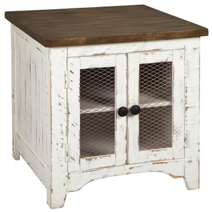 Benzara Two Tone Wooden End Table with Metal Grill Cabinet, Brown and White BM213349 White and Brown Veneer, Solid Wood, Engineered Wood and Metal BM213349