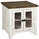 Two Tone Wooden End Table with Metal Grill Cabinet, Brown and White