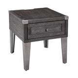 Benzara Rectangular Wooden End Table with 1 Drawer and Corner Metal Brackets, Gray BM213357 Gray Solid Wood, Engineered Wood, Metal and Veneer BM213357