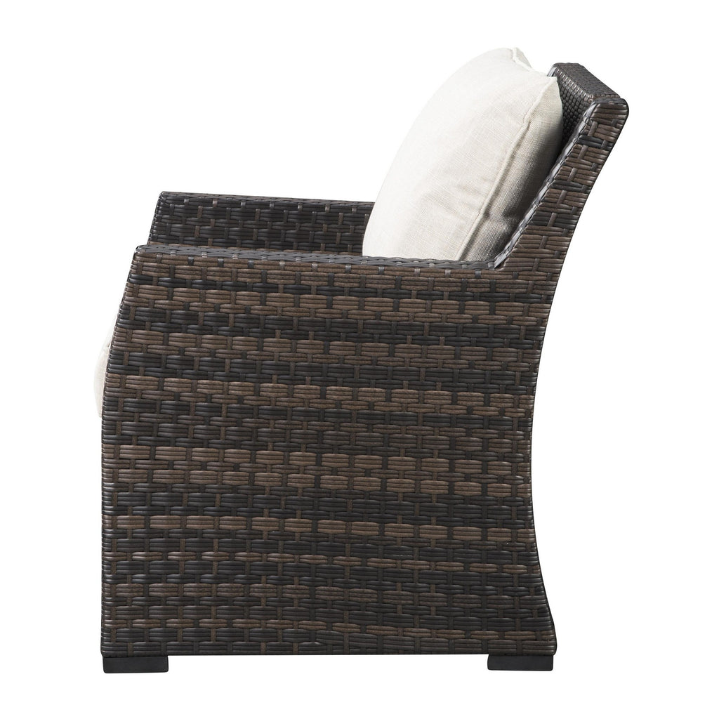 Benzara Resin Wicker Woven Lounge Chair with Track Arms, Brown and Beige BM213360 Brown and Beige Aluminum ,Resin Wicker, Fabric BM213360