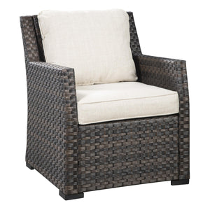 Benzara Resin Wicker Woven Lounge Chair with Track Arms, Brown and Beige BM213360 Brown and Beige Aluminum ,Resin Wicker, Fabric BM213360