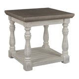 Plank Style End Table with Turned Legs and Open Shelf, White and Gray