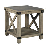Farmhouse Style End Table with X Shaped Sides and Open Bottom Shelf, Gray