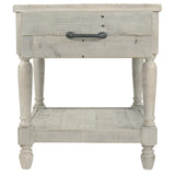 Benzara Plank Style End Table with 1 Drawer and Open Bottom Shelf, Washed White BM213375 White Solid Wood BM213375