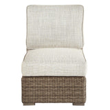 Benzara Handwoven Wicker Frame Fabric Upholstered Armless Chair, Beige and Brown BM213380 Beige and Brown Aluminum, Wicker, Fabric BM213380