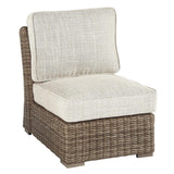 Benzara Handwoven Wicker Frame Fabric Upholstered Armless Chair, Beige and Brown BM213380 Beige and Brown Aluminum, Wicker, Fabric BM213380