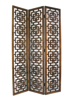 Benzara Wooden 3 Panel Screen with Interlocking Square Design, Brown BM213440 Brown Solid wood BM213440