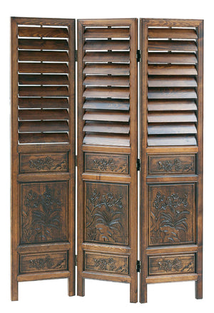 Benzara 3 Panel Shutter Design Screen with Intricate Wooden Carvings, Walnut Brown BM213442 Brown Solid wood BM213442