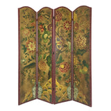 Benzara Wooden Double Sided 4 Panel Room Divider with Floral Motifs, Multicolor BM213446 Multicolor Wood and Faux Leather BM213446