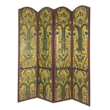 Benzara Wooden Double Sided 4 Panel Room Divider with Floral Motifs, Multicolor BM213446 Multicolor Wood and Faux Leather BM213446