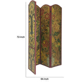 Benzara Wooden Double Sided 4 Panel Room Divider with Floral Motifs, Multicolor BM213446 Multicolor Wood and Faux Leather BM213446