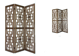 Benzara Wooden 3 Panel Room Divider with Intricate Square Design, Brown BM213454 Brown Wood BM213454