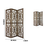 Benzara Wooden 3 Panel Room Divider with Intricate Square Design, Brown BM213454 Brown Wood BM213454