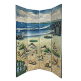 Benzara Wooden Double Sided 4 Panel Room Divider with Ocean Prints, Multicolor BM213455 Multicolor Wood BM213455