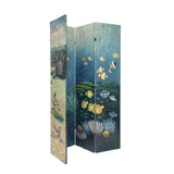 Benzara Wooden Double Sided 4 Panel Room Divider with Ocean Prints, Multicolor BM213455 Multicolor Wood BM213455