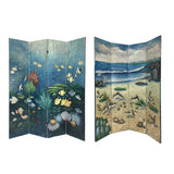 Benzara Wooden Double Sided 4 Panel Room Divider with Ocean Prints, Multicolor BM213455 Multicolor Wood BM213455