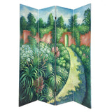 Benzara Wooden Double Sided 4 Panel Room Divider with Garden Scenes, Multicolor BM213457 Multicolor Wood BM213457