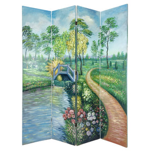 Benzara Wooden Double Sided 4 Panel Room Divider with Garden Scenes, Multicolor BM213457 Multicolor Wood BM213457