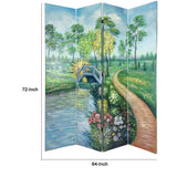 Benzara Wooden Double Sided 4 Panel Room Divider with Garden Scenes, Multicolor BM213457 Multicolor Wood BM213457