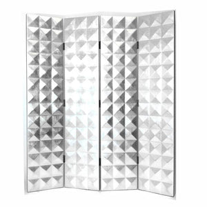 Benzara Wooden 4 Panel Room Divider with Raised Geometric Prism Design, Silver BM213473 Silver Wood BM213473