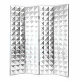 Benzara Wooden 4 Panel Room Divider with Raised Geometric Prism Design, Silver BM213473 Silver Wood BM213473