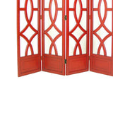 Benzara Wooden 4 Panel Room Divider with Open Geometric Design, Red BM213482 Red Wood BM213482