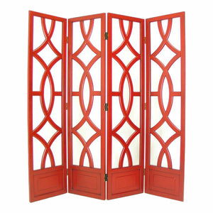 Benzara Wooden 4 Panel Room Divider with Open Geometric Design, Red BM213482 Red Wood BM213482