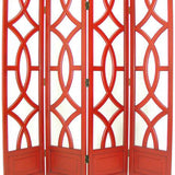 Benzara Wooden 4 Panel Room Divider with Open Geometric Design, Red BM213482 Red Wood BM213482