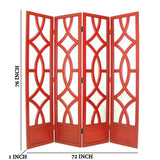 Benzara Wooden 4 Panel Room Divider with Open Geometric Design, Red BM213482 Red Wood BM213482