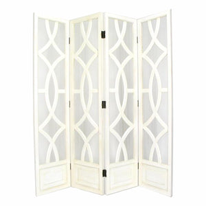 Benzara Wooden 4 Panel Room Divider with Open Geometric Design, White BM213483 White Wood BM213483