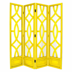 Benzara Wooden 4 Panel Room Divider with Open Geometric Design, Yellow BM213484 Yellow Wood BM213484