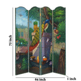 Benzara Leatherette Wooden 4 Panel Room Divider with Peacock Motif, Multicolor BM213486 Multicolor Wood and Faux Leather BM213486