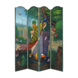 Benzara Leatherette Wooden 4 Panel Room Divider with Peacock Motif, Multicolor BM213486 Multicolor Wood and Faux Leather BM213486