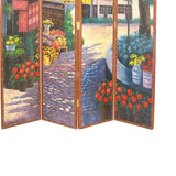 Benzara Leatherette Wooden 4 Panel Room Divider with Flower Market Theme,Multicolor BM213490 Multicolor Wood and Faux Leather BM213490