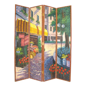 Benzara Leatherette Wooden 4 Panel Room Divider with Flower Market Theme,Multicolor BM213490 Multicolor Wood and Faux Leather BM213490