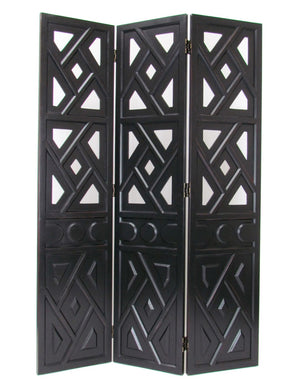 Benzara Wooden 3 Panel Room Divider with Geometric Design, Black BM213492 Black Wood BM213492