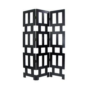 Benzara Wooden 3 Panel Room Divider with Rectangular Cut Outs, Black BM213496 Black Wood BM213496