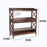 Benzara Wooden Bar Console Table with Crossed Sides and Spacious Drawers, Brown BM213499 Brown Wood BM213499
